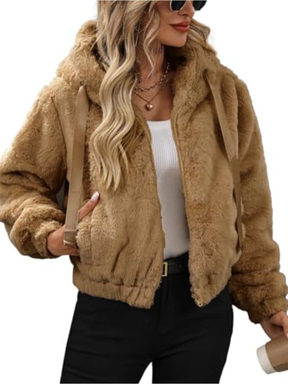Faux Fur Cropped Hooded Coat Zip Closure Winter Warm Fleece Jacket